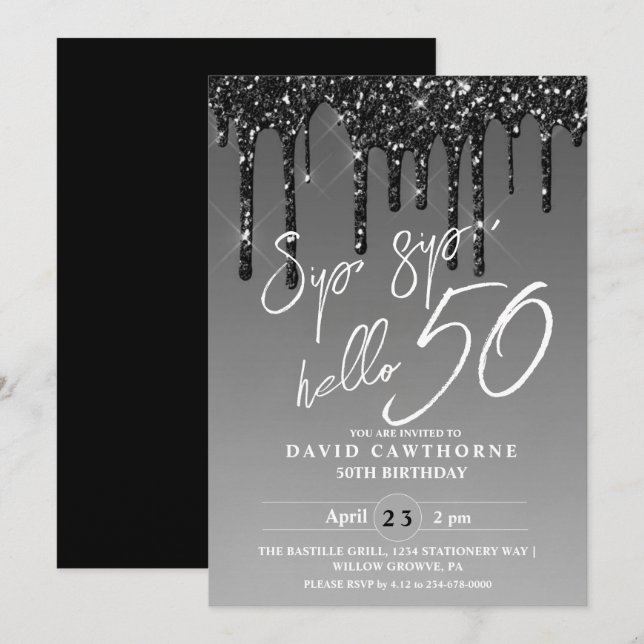 Modern Silver Black Glitter 50th Birthday Party Invitation (Front/Back)