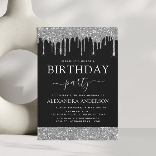 Modern Silver Black Glitter Any Age Birthday Invitation