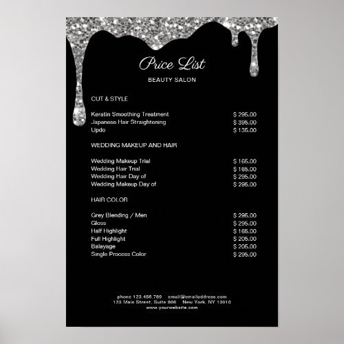 Modern Silver Black Glitter Preislisten Poster