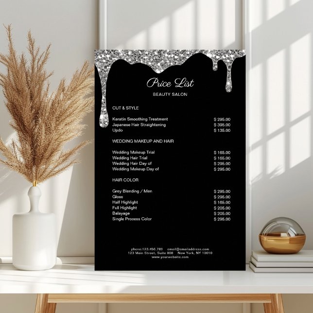 Modern Silver Black Glitter Preislisten Poster (Modern Silver Black Glitter Pricelist Poster)