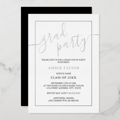 Modern Silver Black Graduation Party  Foil Invitation