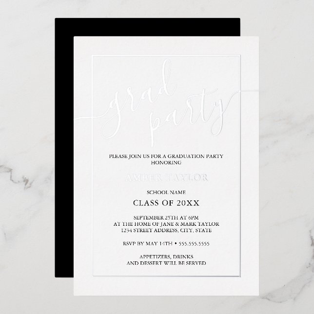 Modern Silver Black Graduation Party  Foil Invitation (Front/Back)