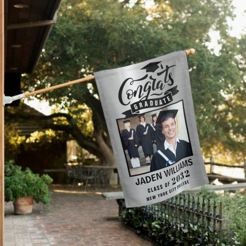 Modern Silver Black Graduation PHOTO House Flag