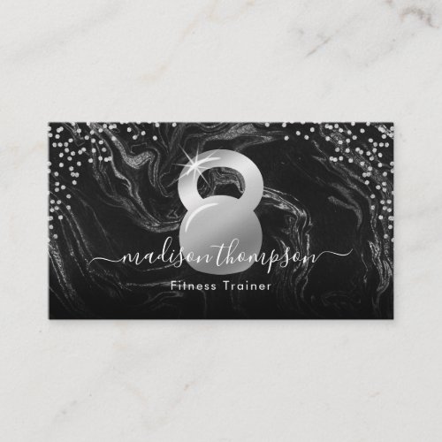 Modern Silver Black Kettlebell Fitness Business Card - Stylish personal trainer business cards featuring a trendy black & silver marble background, glitter, a sparkling kettlebell, a feminine signature script, and a professional text template that is easy to personalize. This would be perfect for a fitness coach who works in a gym, or for a self-employed health coach.