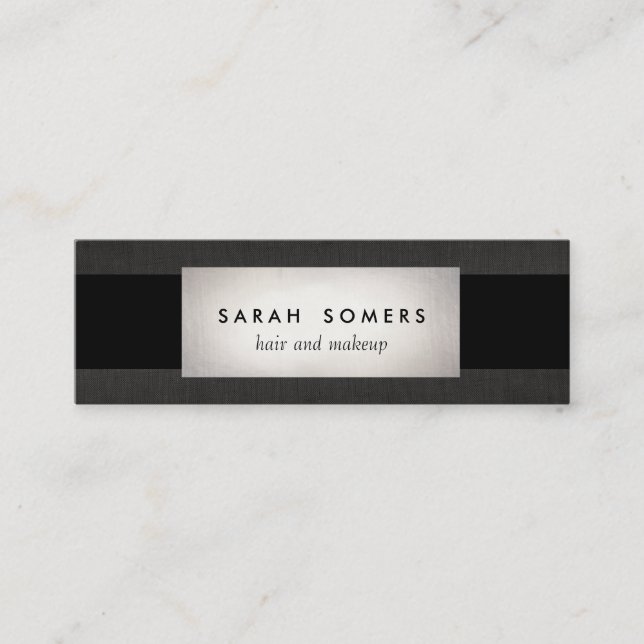Modern Silver Black Linen Striped Makeup and Hair Mini Business Card (Front)