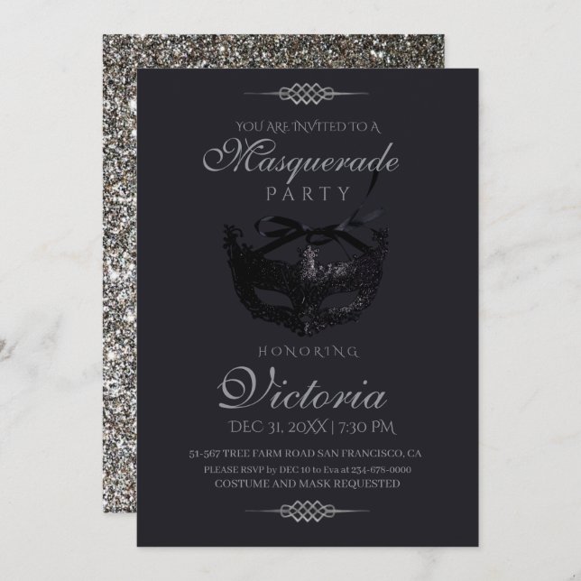 Modern Silver Black Masquerade Party Birthday Invitation (Front/Back)