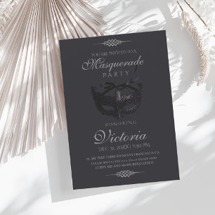 Modern Silver Black Masquerade Party Birthday Invitation