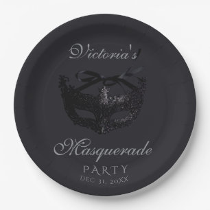 Modern Silver Black Masquerade Party Paper Plates
