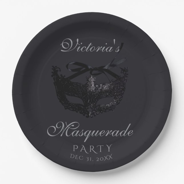 Modern Silver Black Masquerade Party  Paper Plates (Front)