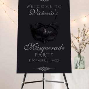 Modern Silver Black Masquerade Party Welcome Sign
