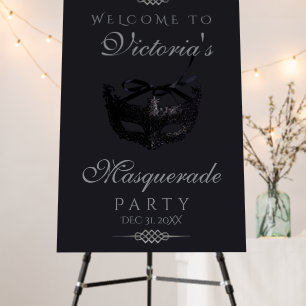 Modern Silver Black Masquerade Party Welcome Sign