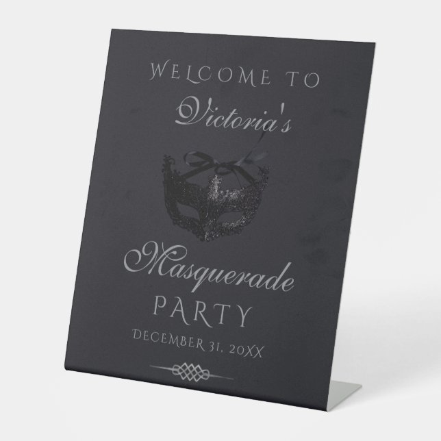 Modern Silver Black Masquerade Party Welcome Sign (Front)