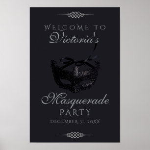 Modern Silver Black Masquerade Party Welcome Sign