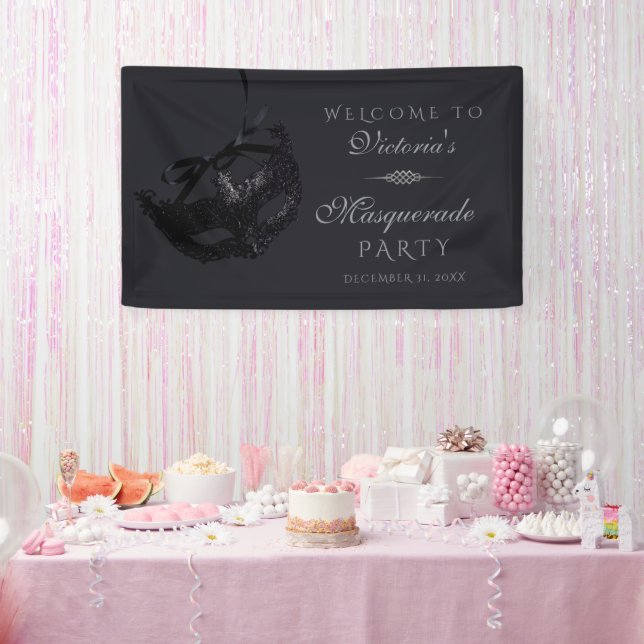 Modern Silver Black Masquerade Party Welcome Sign (Party)