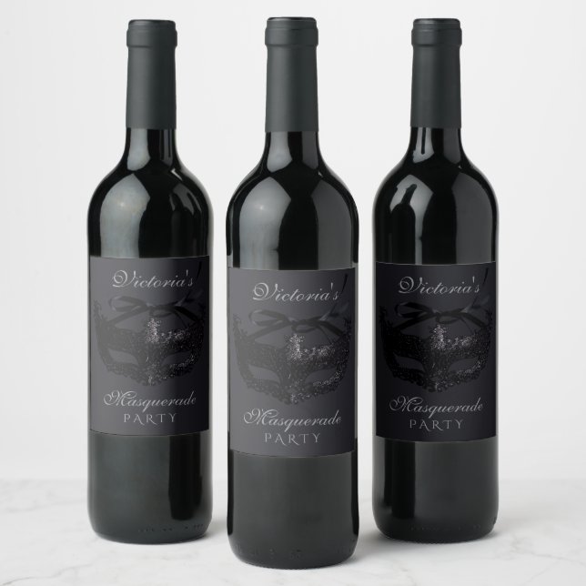 Modern Silver Black Masquerade Party  Wine Label (Bottles)