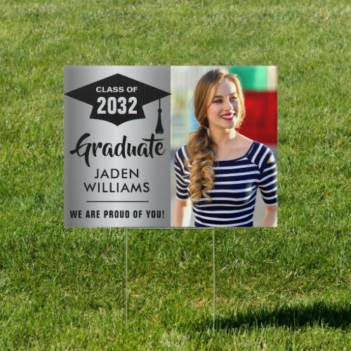 Modern Silver Black PHOTO Graduation Banner Yard Sign