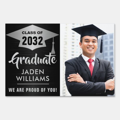 Modern Silver Black PHOTO Graduation Banner Yard Sign