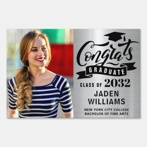 Modern Silver Black PHOTO Graduation Banner Yard Sign