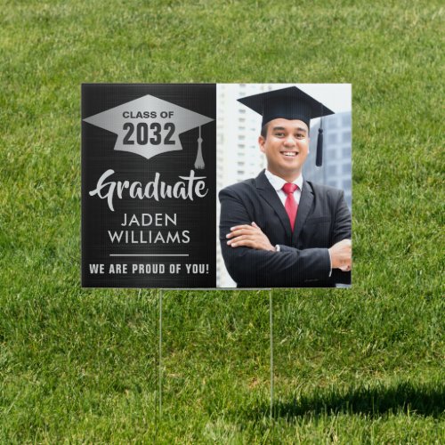 Modern Silver Black PHOTO Graduation Banner Yard Sign