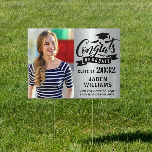 Modern Silver Black PHOTO Graduation Banner Yard Sign