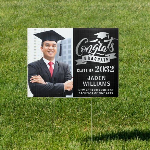 Modern Silver Black PHOTO Graduation Banner Yard Sign