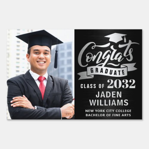 Modern Silver Black PHOTO Graduation Banner Yard Sign