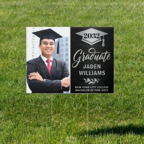 Modern Silver Black PHOTO Graduation Banner Yard Sign