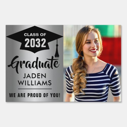 Modern Silver Black PHOTO Graduation Banner Yard Sign