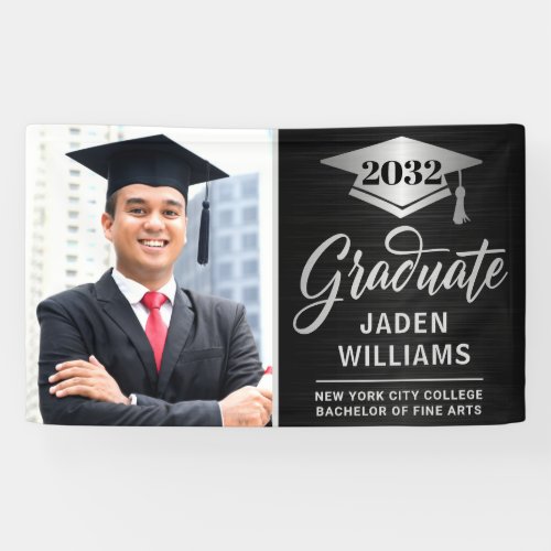 Modern Silver Black PHOTO Graduation Graduate Banner