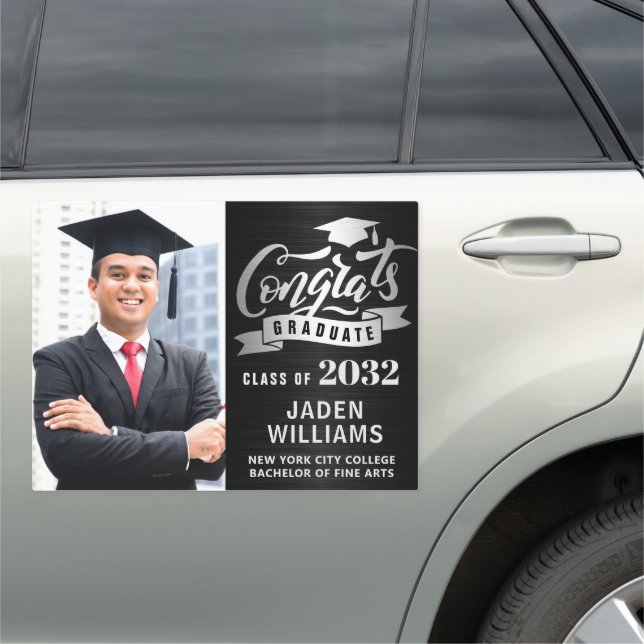 Modern Silver Black PHOTO Graduation Large Car Magnet (In Situ)