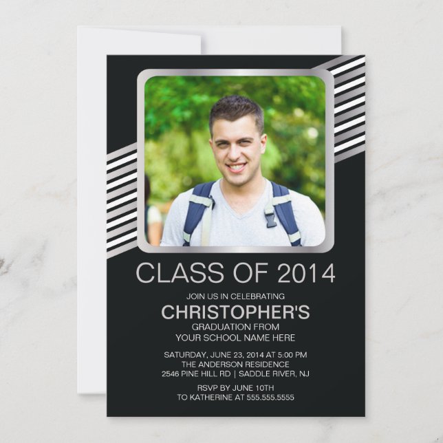 Modern Silver Black Photo Graduation Party Invite (Front)