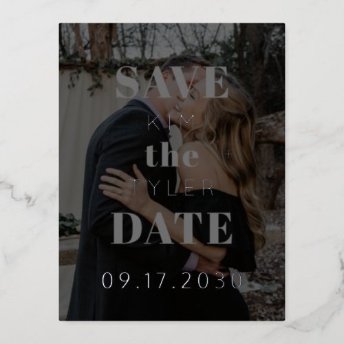 Modern silver black photo wedding save the date foil invitation postcard