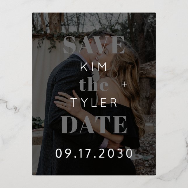 Modern silver black photo wedding save the date foil invitation postcard (Front)