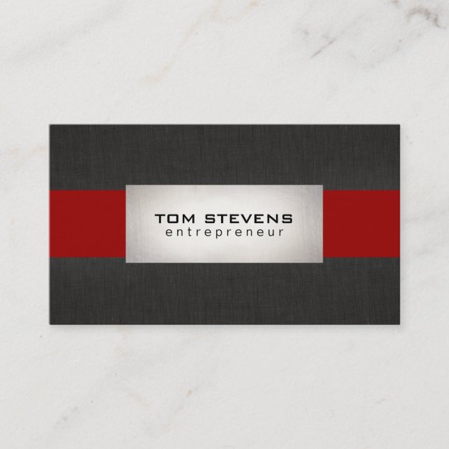Modern Silver Black Red Striped Business Card (Front)