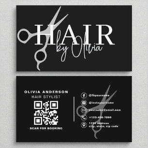 Modern Silver Black Scissors QR Code Hair Stylist  Business Card