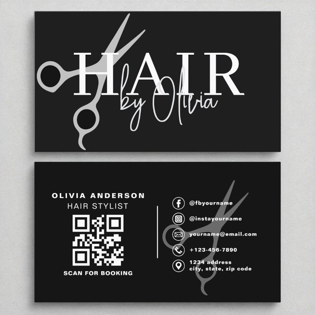 Modern Silver Black Scissors QR Code Hair Stylist  Business Card (Creator Uploaded)