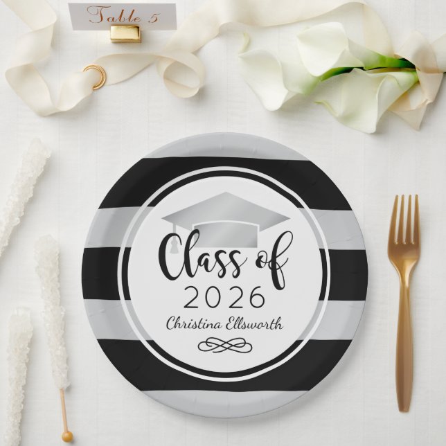 Modern Silver Black Stripes Custom Graduation Paper Plates (Wedding)