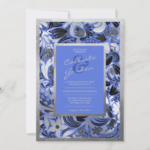 Modern Silver Blue Black Floral Botanical Wedding Invitation