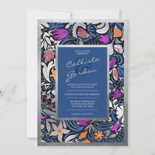 Modern Silver Blue Floral Botanical Wedding Invitation