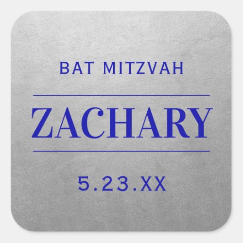 Modern Silver  Blue Mitzvah Birthday Name Favor Square Sticker