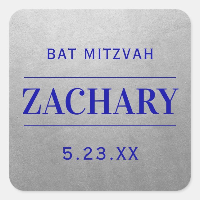 Modern Silver & Blue Mitzvah Birthday Name Favor Square Sticker (Front)