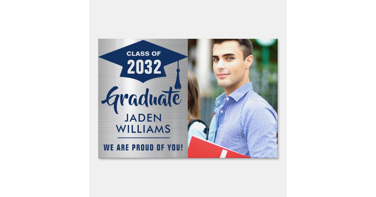 Modern Silver Blue PHOTO Graduation Banner Yard Sign | Zazzle