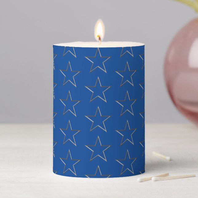 Modern silver blue stars pattern holiday party pillar candle (In Situ)