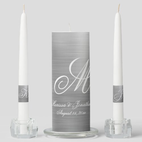 Modern Silver Brush Metallic Monogram Wedding Unity Candle Set