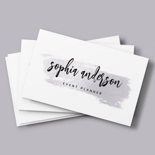 Modern Silver Brush Stroke and Script on White Business Card
