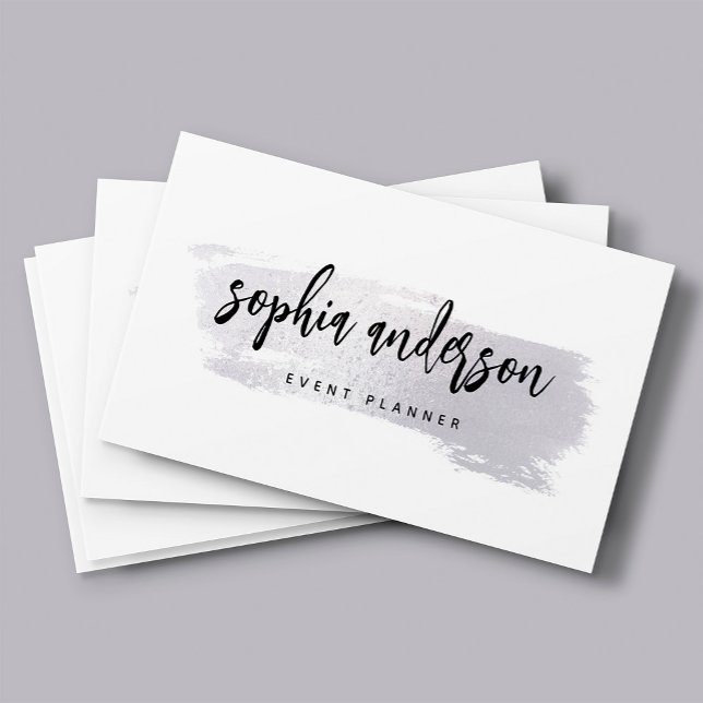 Modern Silver Brush Stroke and Script on White Business Card (Creator Uploaded)