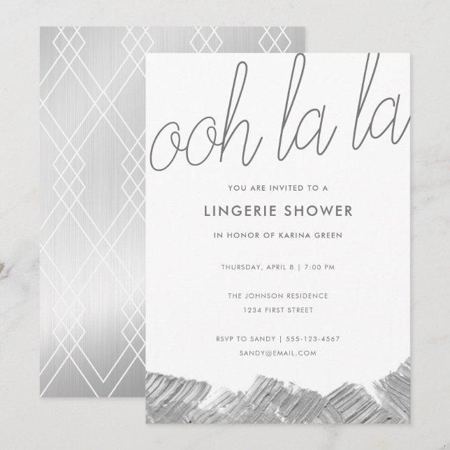Modern Silver Brush Stroke Lingerie Shower Invite (Front/Back)