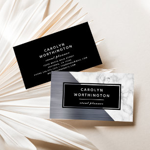 Modern Silver Brushed Foil White Marble Black Business Card