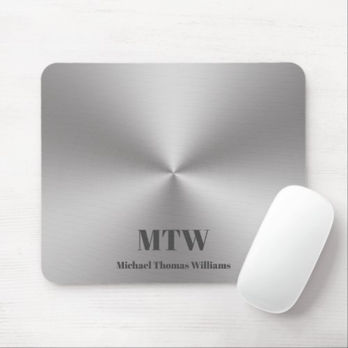 Modern Silver Brushed Metal Look Name and Monogram Mouse Pad