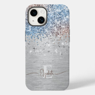 Modern Silver Brushed Metal Rose Gold Blue Glitter Case-Mate iPhone 14 Case